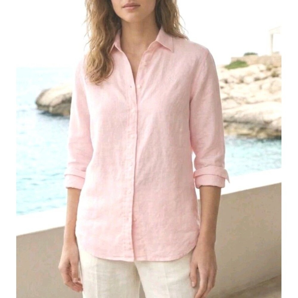 Ralph Lauren Size L 100% Linen Blouse Light Pink Button Front Roll Tab Sleeves